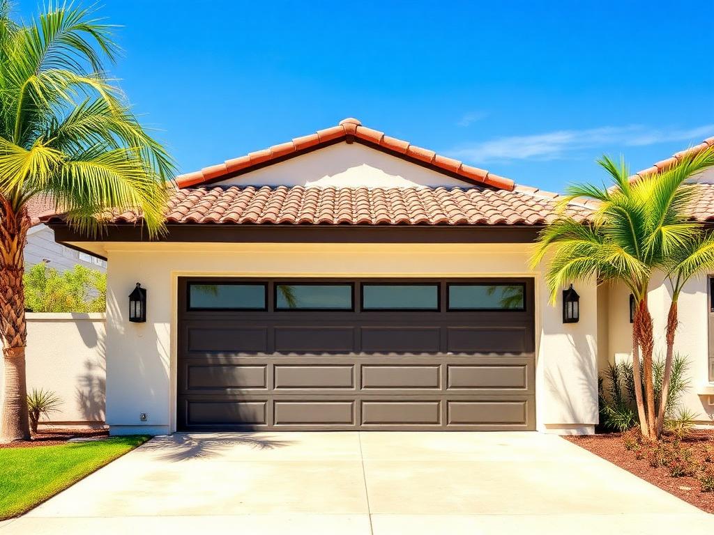 Modern garage door on California home on sunny summer day with palm trees