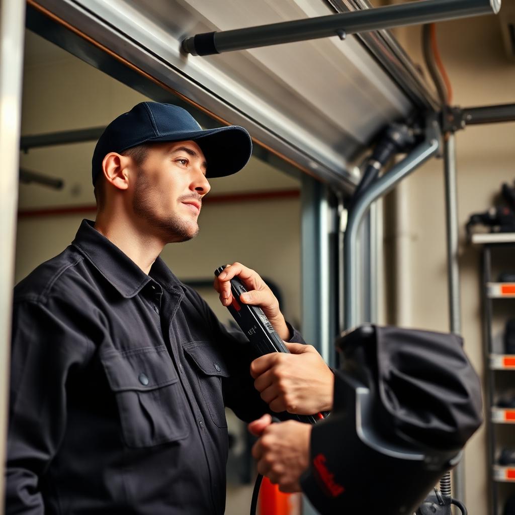 Professional garage door technician performing service